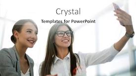  Presentation with employees - PPT theme featuring two employees taking a selfie in the workplace background and a white colored foreground