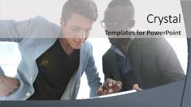 Presentation with employees - Presentation theme having two employees use a digital background and a light gray colored foreground
