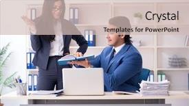  Presentation with employee - Audience pleasing slide set consisting of two employees working backdrop and a soft green colored foreground