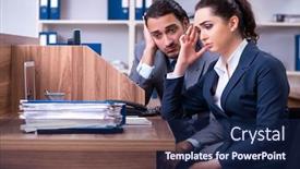  Presentation with employees - Colorful presentation design enhanced with two employees working in the office backdrop and a navy blue colored foreground