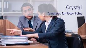  Presentation with employees - PPT theme enhanced with two employees working in the office background and a sky blue colored foreground