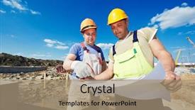  Presentation with engineering desk of civil engineer - Colorful presentation enhanced with two engineer builders with blueprint backdrop and a coral colored foreground