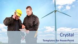  Presentation with turbine - Colorful presentation design enhanced with two engineers in a wind backdrop and a sky blue colored foreground