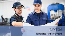  Presentation with blueprint - Audience pleasing slide set consisting of two-engineers-looking backdrop and a light blue colored foreground