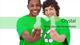  Presentation with light bulbs - Amazing slide set having two environmental activists holding energy backdrop and a shamrock green colored foreground