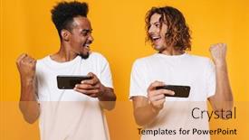  Presentation with mobile games - Audience pleasing slides consisting of two-excited-african-man-friends backdrop and a yellow colored foreground