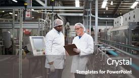  Presentation with factory - Audience pleasing PPT layouts consisting of monitoring others - two factory engineers discussing backdrop and a dark gray colored foreground