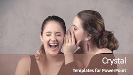  Presentation with fancy - Amazing slide set having two fancy dressed actress girls with long hair and make up whispering in front of grey urban background concept backdrop and a coral colored foreground