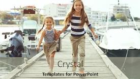  Presentation with sea port - PPT theme having two fashion kid girls wearing navy clothes in marine style walking in the sea port background and a soft green colored foreground