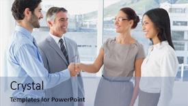  Presentation with employees - Slides with two fellow employees shaking hands with other workers background and a teal colored foreground