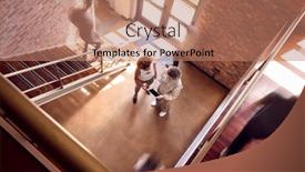  Presentation with busy - PPT theme with two-female-business-colleagues background and a coral colored foreground