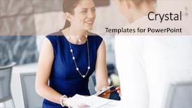  Presentation with office - PPT layouts with two-female-colleagues-in-office background and a coral colored foreground