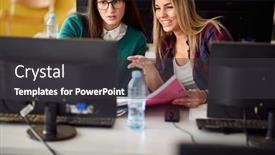  Presentation with task - Cool new theme with two-female-colleagues-looking-task backdrop and a dark gray colored foreground