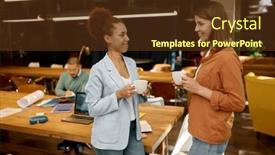  Presentation with coworking - PPT theme enhanced with two-female-coworkers-talking-during background and a tawny brown colored foreground