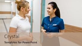  Presentation with healthcare workers - Beautiful PPT layouts featuring two-female-doctors-talking backdrop and a coral colored foreground