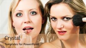  Presentation with lipstick - Cool new slide set with two female friends applying lipstick and make-up with a brush - presumably to get ready for a party backdrop and a coral colored foreground