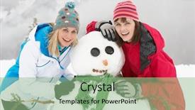  Presentation with snowman - Audience pleasing presentation theme consisting of two female friends building snowman on ski holiday in mountains backdrop and a seafoam green colored foreground