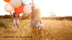  Presentation with festival music - PPT layouts with two female friends camping at music festival running through field with balloons against flaring sun background and a gold colored foreground
