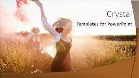  Presentation with festival music - PPT layouts having two female friends camping at music festival running through field with smoke flare background and a white colored foreground