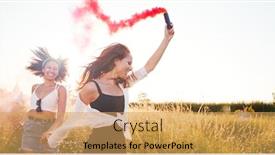  Presentation with festival music - Presentation design consisting of two female friends camping at music festival running through field with smoke flare background and a yellow colored foreground
