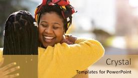  Presentation with friends - Beautiful slide deck featuring two-female-friends-greeting-each backdrop and a yellow colored foreground