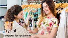  Presentation with boutique - Audience pleasing presentation theme consisting of two female friends having fun while fashion shopping in boutique or store backdrop and a coral colored foreground