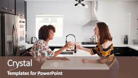  Presentation with friends eating and drinking wine - Presentation design consisting of two female friends making toast background and a  colored foreground