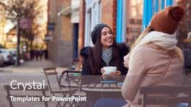  Presentation with coffee shop - Colorful PPT theme enhanced with two-female-friends-meeting-sitting backdrop and a gray colored foreground