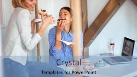  Presentation with appearance - PPT layouts having two-female-friends background and a light blue colored foreground