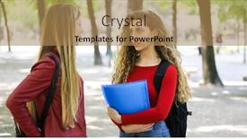  Presentation with female college student uti - Presentation design with two-female-schoolmates-talking background and a coral colored foreground