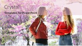  Presentation with college - Slide deck having two-female-schoolmates-talking background and a lemonade colored foreground