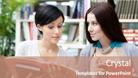  Presentation with academic - Amazing presentation theme having two female students read academic books at the library backdrop and a coral colored foreground
