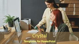  Presentation with monitor computer - Presentation with two-female-volunteers-looking-through background and a coral colored foreground