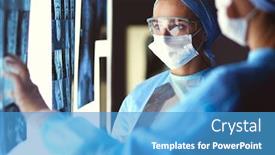  Presentation with women in media - Beautiful presentation design featuring two-female-women-medical-doctors backdrop and a teal colored foreground