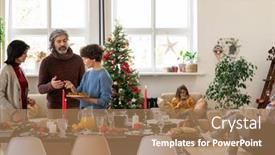  Presentation with females - PPT theme having two-females-and-senior-man background and a coral colored foreground