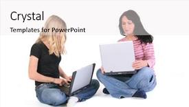  Presentation with females - PPT theme having two females with laptops on the white background background and a white colored foreground