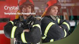  Presentation with firefighters - Beautiful PPT theme featuring two firefighters in protective suits backdrop and a tawny brown colored foreground