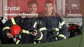  Presentation with firefighters - PPT theme having two firefighters in protective suits background and a tawny brown colored foreground