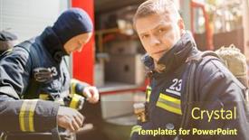  Presentation with firefighters - PPT layouts featuring two firefighters standing near fire background and a tawny brown colored foreground