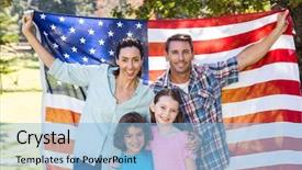  Presentation with broken wall american flag - Audience pleasing presentation design consisting of two flags - happy family smiling backdrop and a light blue colored foreground