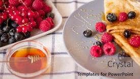  Presentation with porcelain - Beautiful presentation design featuring two-folded-homemade-pancakes backdrop and a coral colored foreground