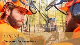  Presentation with wood harvest - Slide deck having two-forest-workers-as-lumberjack background and a yellow colored foreground