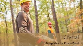  Presentation with wood harvest - Amazing slide deck having two-forest-workers-carry-tree backdrop and a coral colored foreground