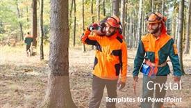  Presentation with chainsaw - Slide deck having two forest workers with chainsaw background and a coral colored foreground