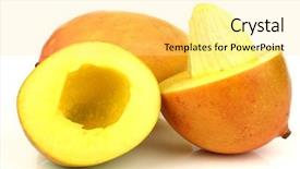  Presentation with fruits mango - Audience pleasing presentation consisting of two fresh mango fruits with one cut and seed visible on a white background backdrop and a blonde colored foreground