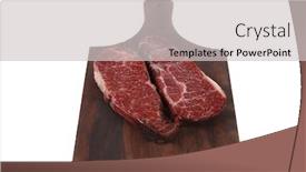  Presentation with wood board - Presentation design with two fresh raw marble beef meat sirloin porterhouse steak on dark wood cut board isolated on white background background and a light gray colored foreground