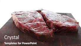  Presentation with wood board - Presentation design enhanced with two fresh raw marble beef meat sirloin porterhouse steak on dark wood cut board isolated on white background background and a tawny brown colored foreground