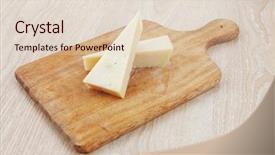  Presentation with triangle - Cool new presentation theme with two fresh triangle french delicacy parmesan cheese pieces on wooden cut board over table backdrop and a lemonade colored foreground