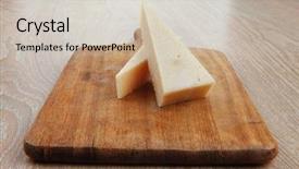  Presentation with triangle - Audience pleasing PPT theme consisting of two fresh triangle french delicacy parmesan cheese pieces on wooden cut board over table backdrop and a soft green colored foreground