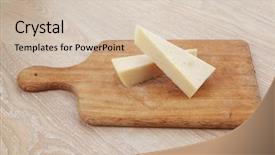  Presentation with triangle - Theme featuring two fresh triangle french delicacy parmesan cheese pieces on wooden cut board over table background and a lemonade colored foreground